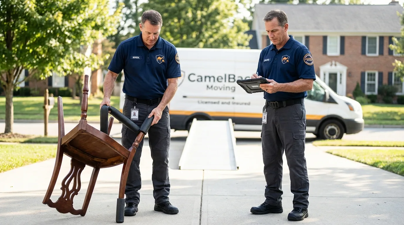 Movers inspecting furniture for damage prevention before loading in Metuchen, NJ
