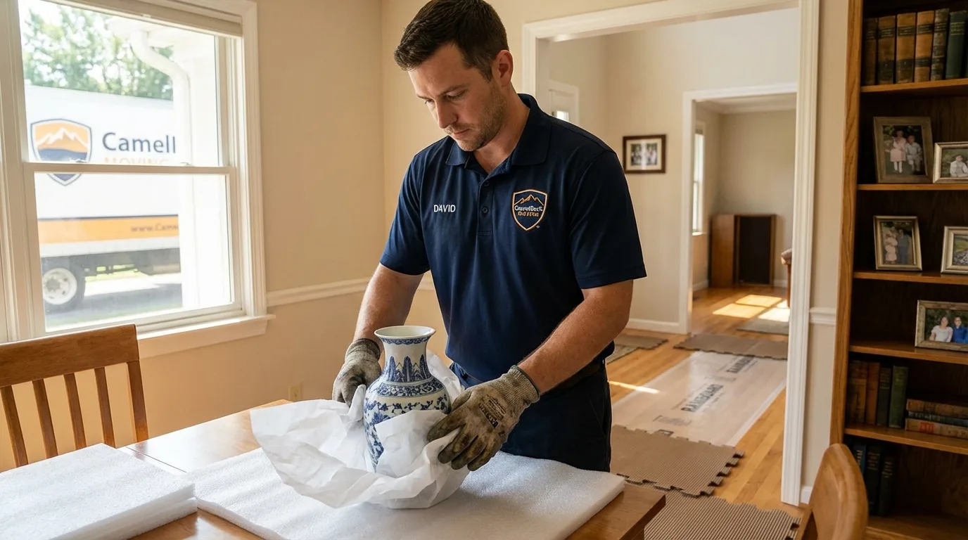 Professional crew carefully wrapping antique vase for senior downsizing move in Metuchen, NJ